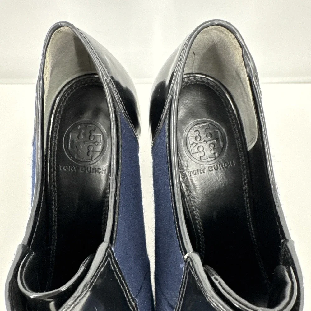 Tory Burch Black‎ Navy Leather Block Heel Ankle Women Bootie Size 6.5 Wingtip